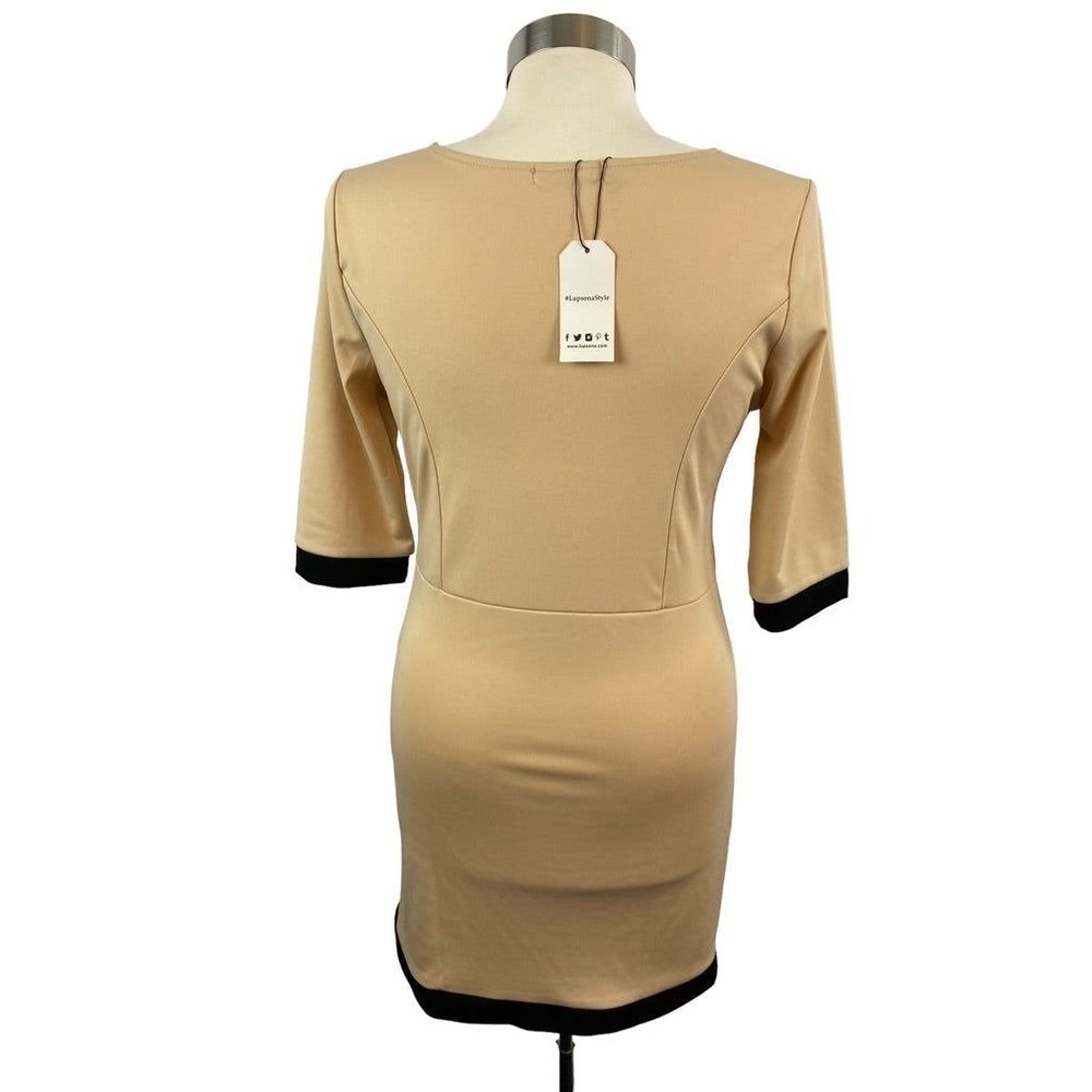 Medium Lupsona Stretch Sheath Dress 1/2 Sleeve Tan Black Trim - Picture 3 of 7